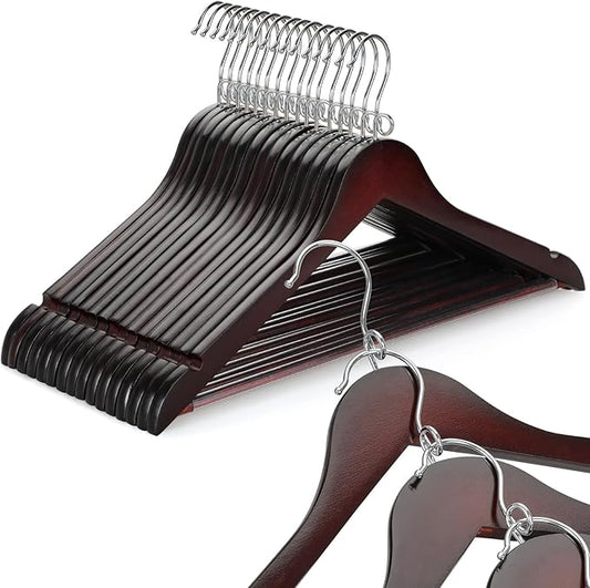 TOPIA HANGER Cherry Wood Hangers 30 Pack, Space Saving Coat Hanger with 360° Swivel Cascading Loop Hook, Non Slip Pants Bar and Shoulder Notches for Camisole, Jacket, Suit (Mahogany) -CT74M30