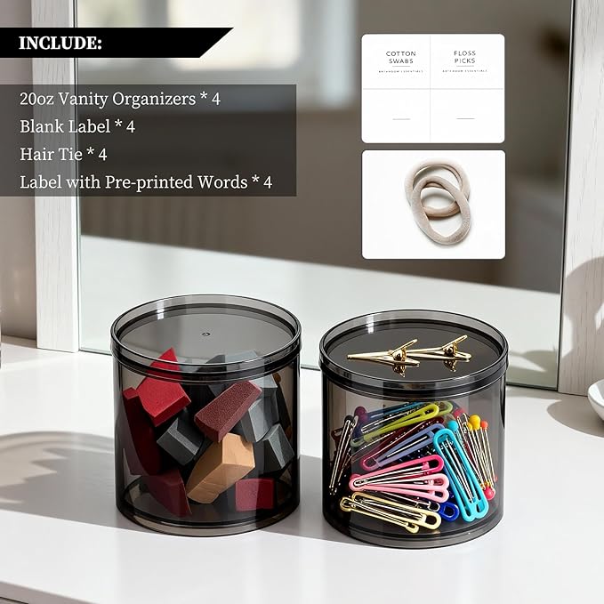 4Pack Stackable Black Plastic Container - 20 Ounce Round Vanity Storage Organizers with Lids for Hair Accessories & Beauty Supplies & Bathroom Container Set