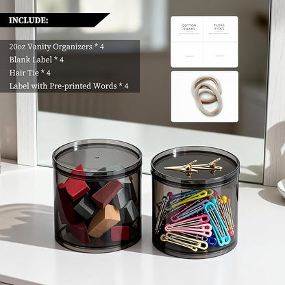 4Pack Stackable Black Plastic Container - 20 Ounce Round Vanity Storage Organizers with Lids for Hair Accessories & Beauty Supplies & Bathroom Container Set