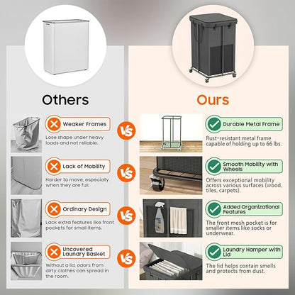 160L Laundry Hamper with Lid, Rolling Laundry Basket with Wheels, Large & Tall Dirty Clothes Hamper with Metal Frame and Removable Bag for Bedroom Aesthetic, Laundry Room, Bathroom, Dorm-Dark Gray
