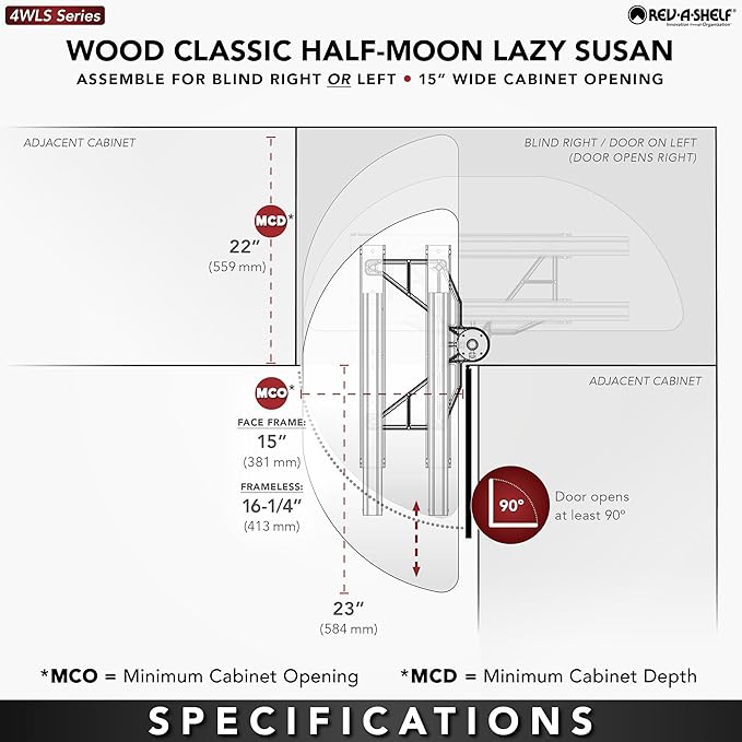 Rev-A-Shelf 35" Dual Shelf Half Moon Lazy Susan Organizer for Diagonal Blind Corner Kitchen Cabinets, Pullout Turntable Trays, Wood, 4WLS882-35-570