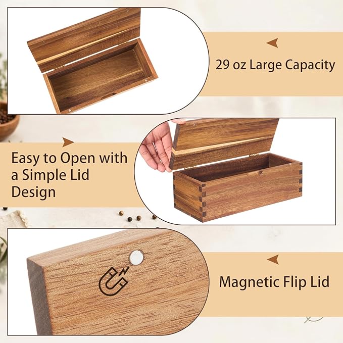Acacia Wood Salt Cellar Spice Box with Magnetic Lid 29oz Large Capacity Salt Organizer 1 Compartments for Kitchen Countertop, Pepper, Seasonings, Spices, Grilling & Cooking