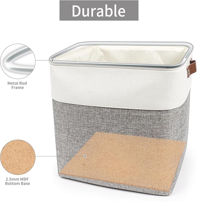 Bagnizer 13x13 Cube Storage Bins, Collapsible Fabric Storage Box, 4 Pack Closet Baskets with Handles for Organizing, Shelf, Toys, Clothes, Home, Office, Nursery (Grey&White)