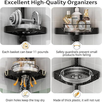 shuang qing 360° Rotating Corner Shower Caddy Tension Pole Organizer - 4-Tier Adjustable Rustproof Metal Pole, Plastic Shelves with Safety Guardrail, Bathroom Storage for Shower & Bathtub(Black)