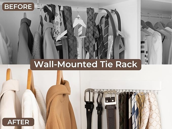 StorageWorks Tie Rack with 20 Hooks, 2-Pack Wall-Mounted Wooden Hangers for Neckties, Belts, Hats, White