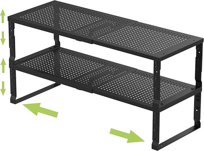 Jojocross Expandable Adjustable Stackable Kitchen Organizer, Spice Rack,Metal Pantry Storage Shelves Racks,Counter Shelf for Cabinets, Countertop, Cupboard (2 Packs/Large/Black)