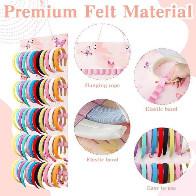 Tudomro Hanging Headband Holder for Girls Felt Hair Accessories Organizer with 60 Elastic Bands Bow Hanger for Girls Hair Bows Without Headbands(Pink, Purple,Butterfly)