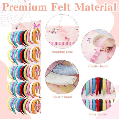Tudomro Hanging Headband Holder for Girls Felt Hair Accessories Organizer with 60 Elastic Bands Bow Hanger for Girls Hair Bows Without Headbands(Pink, Purple,Butterfly)