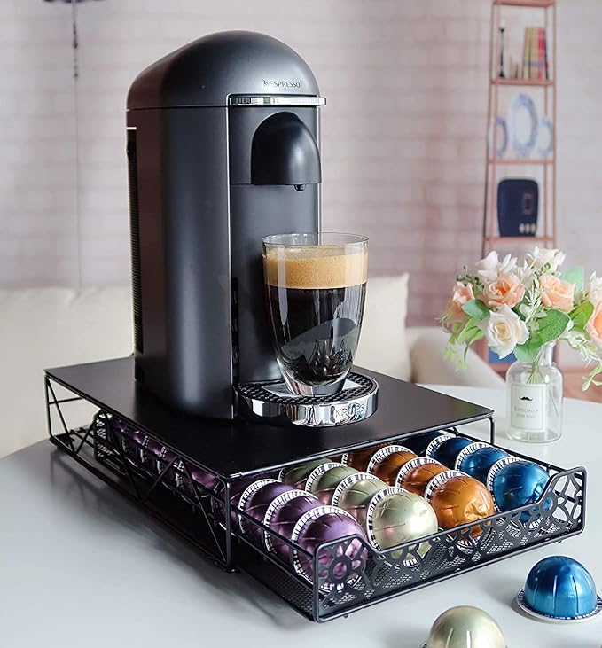 RECAPS Coffee Pod Holder Pod Drawer Storage Pods Holder Coffee Capsules Kitchen Organizer Compatible with Vertuoline Vertuo Stores 40 Capsules Black Color
