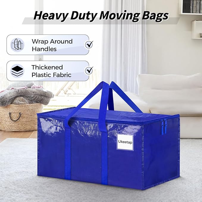 16 Pack Extra Large Heavy Duty Moving Bags, Blue Storage Bins with Lids, Reinforced Handles & Heavy-Duty Zippers Moving Boxes Storage Bags Totes for Clothes Packing, Dorms, College Supplies, Blue