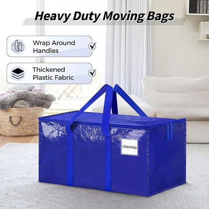 16 Pack Extra Large Heavy Duty Moving Bags, Blue Storage Bins with Lids, Reinforced Handles & Heavy-Duty Zippers Moving Boxes Storage Bags Totes for Clothes Packing, Dorms, College Supplies, Blue