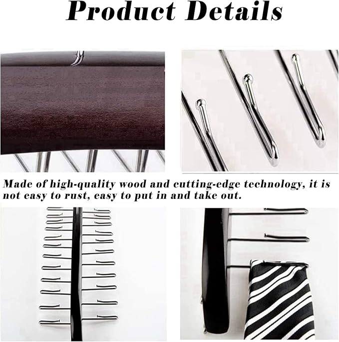 Premium Wood & Sturdy Quality Tie Hanger, 24 Non Slip Metal Hooks, 360 Swivel Design, Anti Slip Grips, Space Saving, Foldable, Black