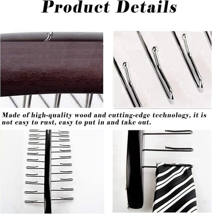 Premium Wood & Sturdy Quality Tie Hanger, 24 Non Slip Metal Hooks, 360 Swivel Design, Anti Slip Grips, Space Saving, Foldable, Black