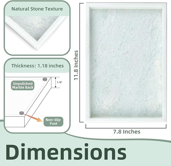 Yew & Tulip Natural Marble Vanity Tray, Luxury Stone with Light Green Textures Serving Tray for Bathroom, Kitchen, Vanity, Home Decor, Wedding etc. (12" x 8" x 1.2")
