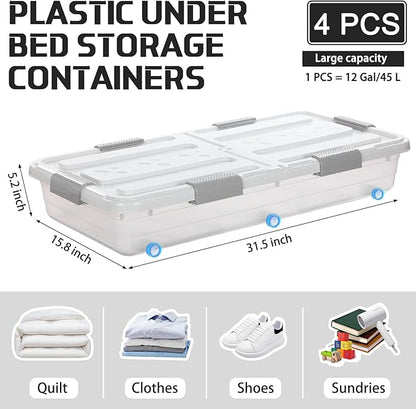 Beeveer 4 Pcs Plastic Under Bed Storage Container with Double Opening Lid Wheel Handle, Transparent Large Capacity Stackable Latching Festival Storage Bin for Closet Bedroom, 31.5x15.8x5.2 In(White)