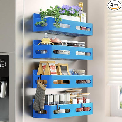 Sevenblue 4 Pack Strong Magnetic Spice Rack for Refrigerator, Multipurpose Magnetic Shelf for Fridge with 4 Hooks for kitchen and Bathroom Organization, Blue