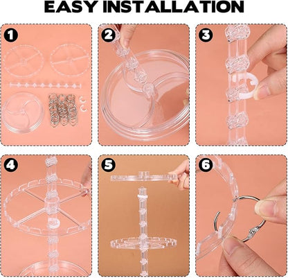 2-Tier Acrylic Claw Clip Organizer Rack with Tray, Large Rotatable Capacity Hair Claw Clips Holder for Bathroom Bedroom, Durable Clear Hair Accessories Organizer Storage with 48 Metal Rings