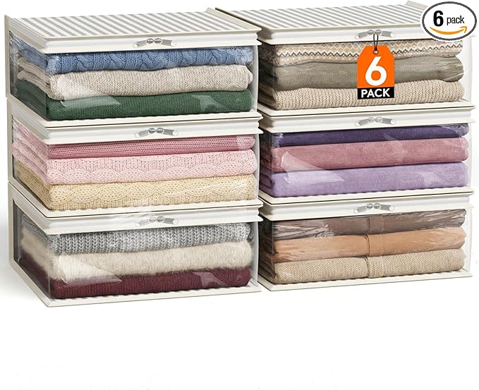 Lifewit 6 Pack 20L Sweater Storage Bag, Foldable Closet Organizer, Clear Zippered Storage Bags for Sheets, Blankets, Pillows, Black and White, 15.0" x 13.5" x 6"