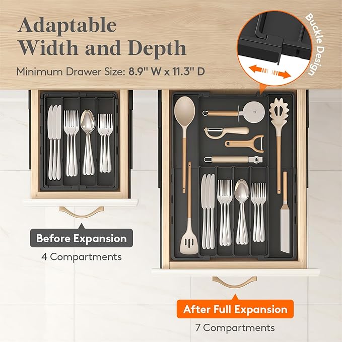 Lifewit Silverware Drawer Organizer, Expandable BPA Free Utensil Tray for Kitchen, Adjustable Flatware and Cutlery Holder, Plastic Storage for Spoons Forks Knives, 8.9-14.2 x 11.3-19.4 x 1.7, Black
