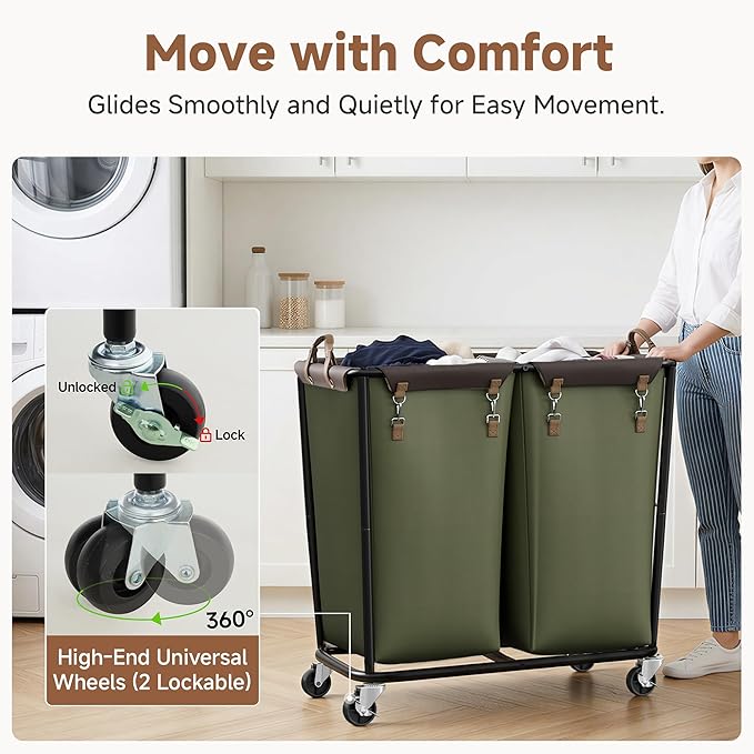 StorageWorks 330L Extra Large Laundry Hamper with Wheels, 2 Sections Laundry Basket with Wheels, Clothes Sorter Cart with Divider for Hotel, Home, Green, 1-Pack