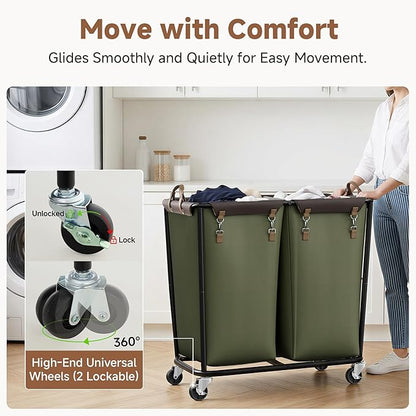 StorageWorks 330L Extra Large Laundry Hamper with Wheels, 2 Sections Laundry Basket with Wheels, Clothes Sorter Cart with Divider for Hotel, Home, Green, 1-Pack