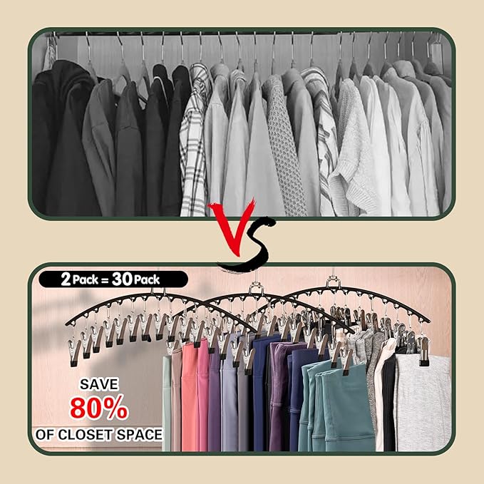 2 PCS Leggings Organizer for Closet Hanging, 360° Swivel Hook Trouser Hangers with 30 Clips Holds 30pcs Shorts/Skirts/Hats, Space Saving Pants Hangers, Closet Organizers and Storage