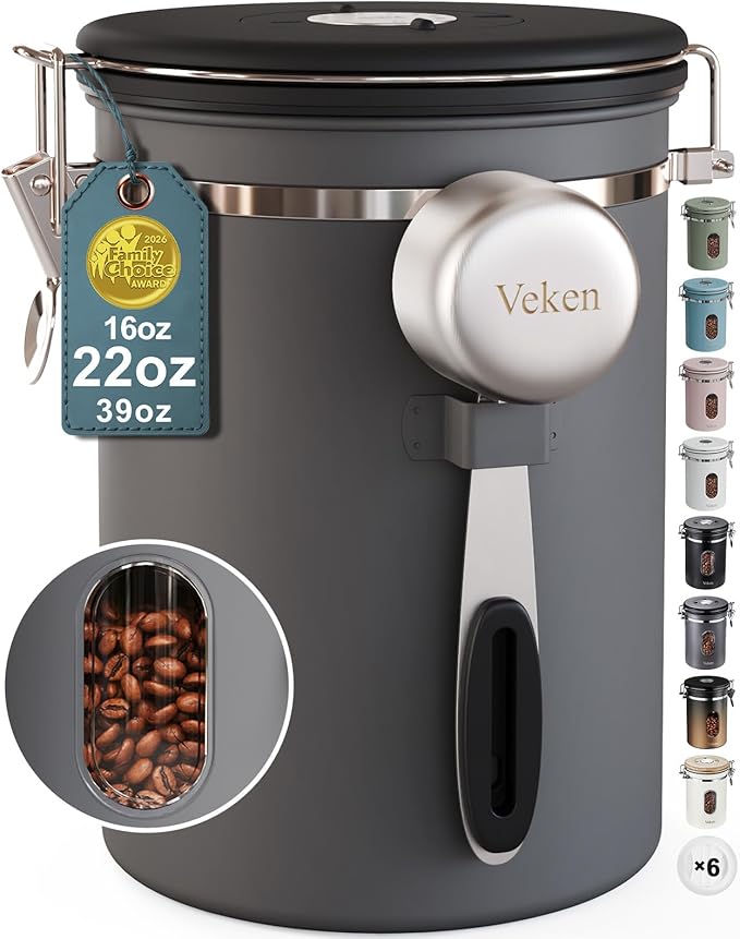 Veken Coffee Canister with Window,Airtight Stainless Steel Kitchen Food Storage Container, Date Tracker & Scoop for Grounds Coffee, Beans, Tea, Flour, Cereal,Sugar,22OZ,Grey