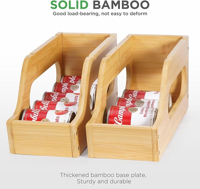 2 Pack Bamboo Can Organizer for Pantry, Soda Can Dispenser Rack Drink Holders Stackable Canned Goods Storage for Pantry Kitchen Cabinet Up To 30 Cans