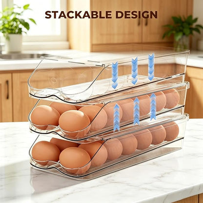 Egg Holder for Fridge,Automatic Rolling Egg Container for Refrigerator,2 Pack Clear Stackable 28-Count Egg Organizer with Lid, Fridge Organizers and Storage