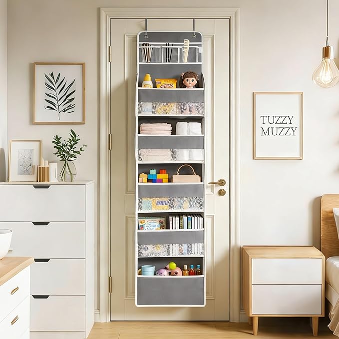 Over the Door Organizer, Door Storage Organizer with Large Capacity Pockets, Hanging Shelves for Bedroom, Closet, Dorm, Pantry (Grey, 4-Tier)