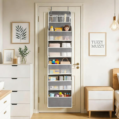 Over the Door Organizer, Door Storage Organizer with Large Capacity Pockets, Hanging Shelves for Bedroom, Closet, Dorm, Pantry (Grey, 4-Tier)
