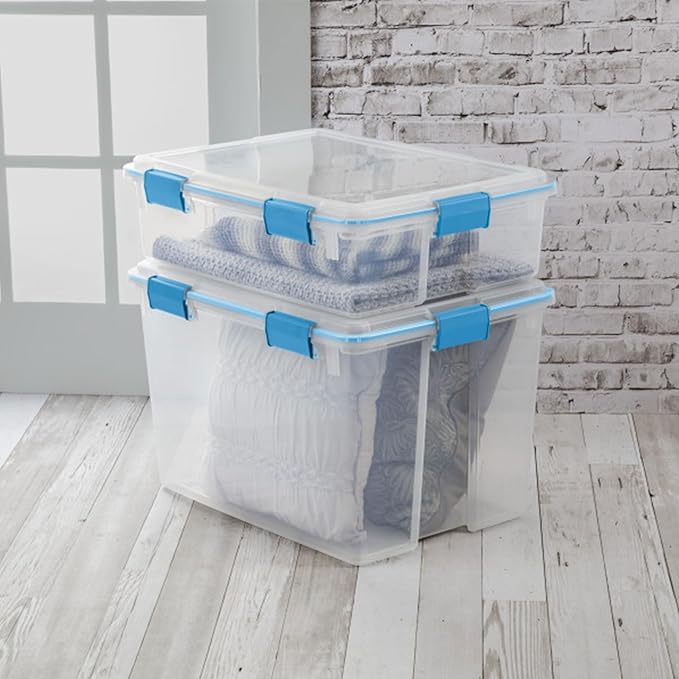 Sterilite 12-Pack Gasket Box, Weather-Resistant Storage Bins with Latching Lids, 80 Quart - Heavy-Duty Organizing Containers for Closet, Bathroom, and Office