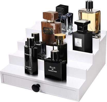 White Cologne Organizer for Men - 4 Tier Wooden Cologne Display Stand with Drawer and Hidden Compartment for Organizing and Storing, Mens Cologne Holder Shelf for Dresser
