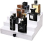White Cologne Organizer for Men - 4 Tier Wooden Cologne Display Stand with Drawer and Hidden Compartment for Organizing and Storing, Mens Cologne Holder Shelf for Dresser