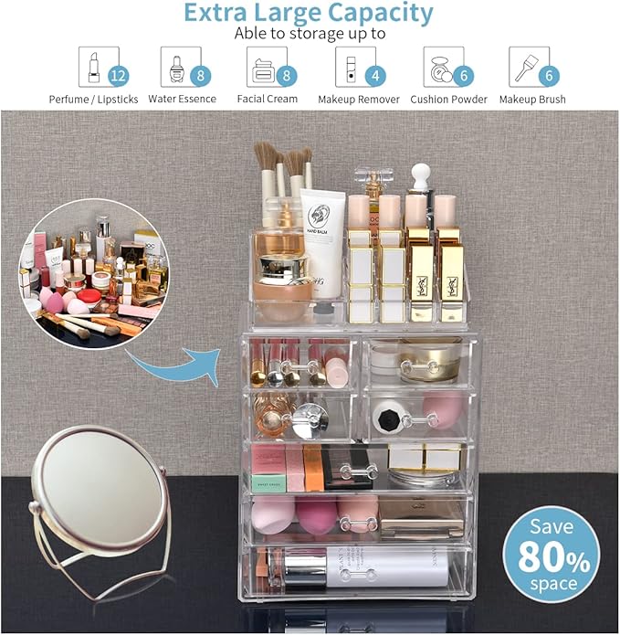 Clear Makeup Organizer with Brush Holder, Large Acrylic Cosmetic Display Jewelry & Make Up Organizers and Storage for Vanity, Bathroom (3 Large, 4 Small Drawers, Clear)