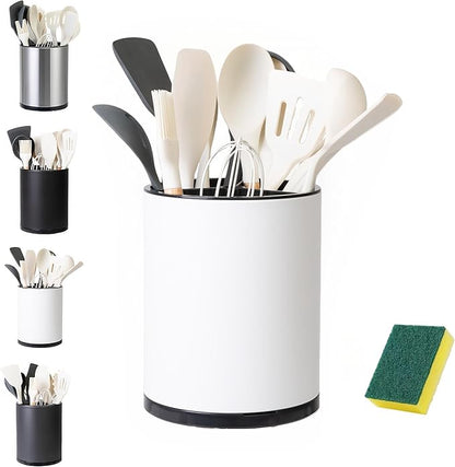 LIBODOUR Utensil Holder,Large 360°Rotating Kitchen Utensil Holder For Counter,Cooking Silverware Organizer Stainless Steel Caddy Flatware Spoon Spatula Tool Cutlery Container