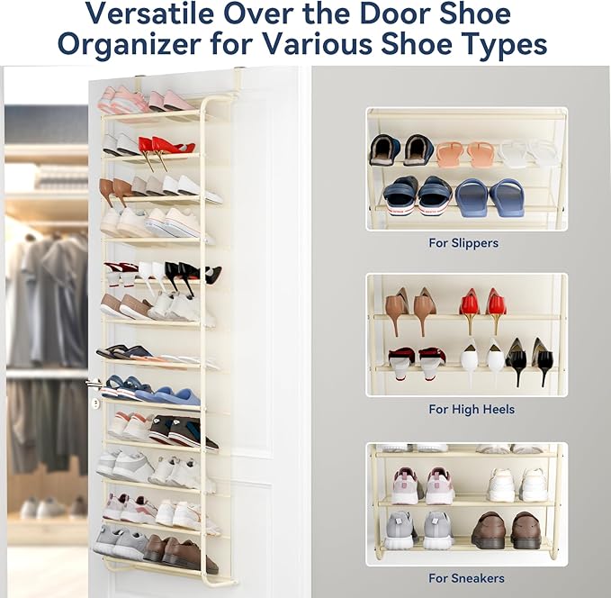 Whitmor 36 Pair Over The Door Shoe Organizer, 12 Tier Hanging Shoe Organizer, Heavy Duty Metal & Mesh Shoe Holder, Hanging Shoe Rack for Closet Organizer & Storage, 74"L x 21.7"W x 7.5"H, Beige