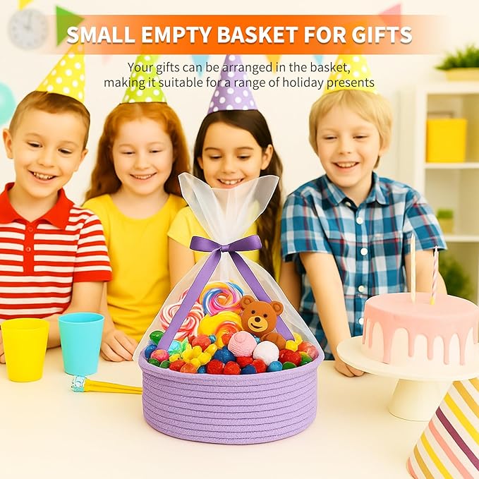 ShellKingdom Storage Basket with Handles, Empty Gift Basket for Christmas with Gift Bags and Ribbon, Small Woven Baskets for Home, Nursery Storage Organizer, 12 X 8 X 5 INCH, Lavender