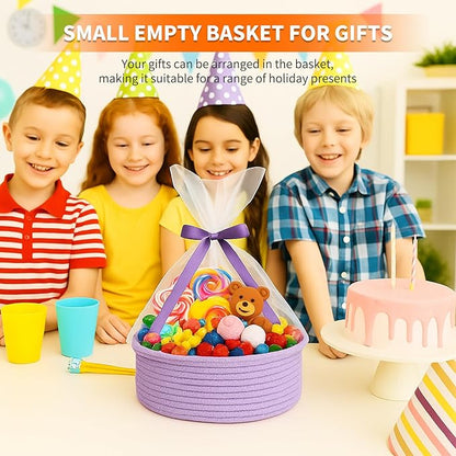 ShellKingdom Storage Basket with Handles, Empty Gift Basket for Christmas with Gift Bags and Ribbon, Small Woven Baskets for Home, Nursery Storage Organizer, 12 X 8 X 5 INCH, Lavender