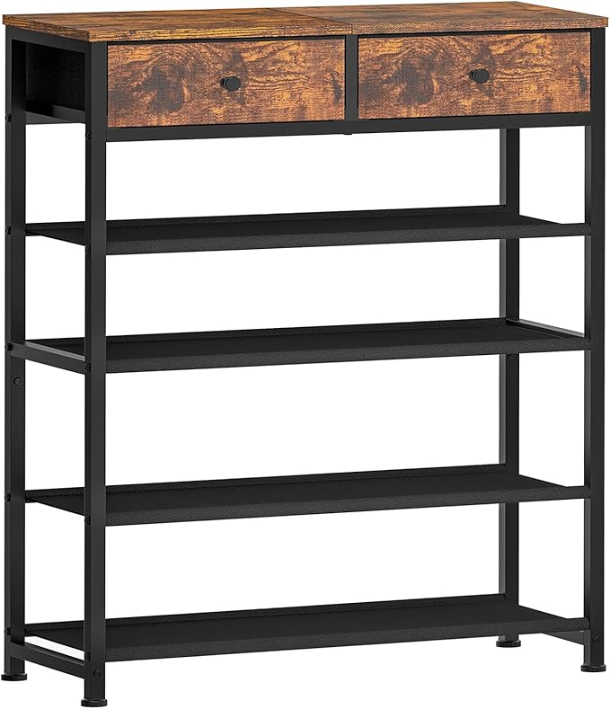 usikey Shoe Rack, 5 Tier Shoe Storage Organizer with 2 Drawers, Metal Shoe Shelf for 12-16 Pairs of Shoes, with 4 Oxford Fabric Shelves and Wooden Top, Shoe Stand for Closet Entryway, Rustic Brown