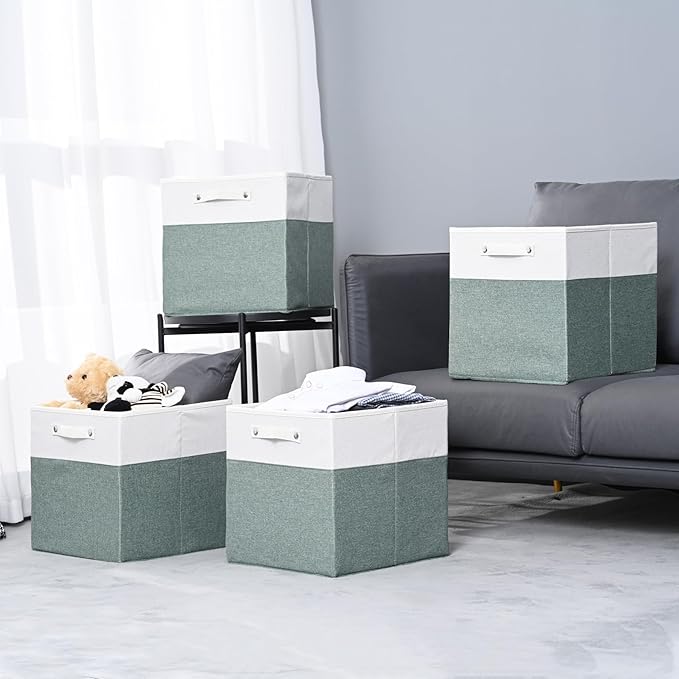 FinishingBo 13 x 13 Inch Fine Linen Storage Bins with Handles，Fabric Cube Boxs，Basket Organizers for Shelves for Home, Closet Drawers (White/Green-4 Pack )