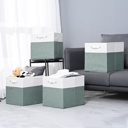 FinishingBo 13 x 13 Inch Fine Linen Storage Bins with Handles，Fabric Cube Boxs，Basket Organizers for Shelves for Home, Closet Drawers (White/Green-4 Pack )