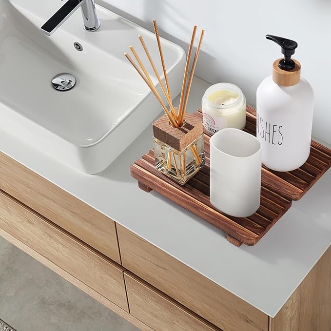 SAMEBUTECO Bathroom Tray,Rustic Wood Soap Tray 2 Packs,Riser Farmhouse Soap Dish Holder,Footed Wood Pedestal Stand for Vanity,Dispenser,Countertop,Size 8.7x4x1.7''