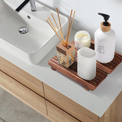 SAMEBUTECO Bathroom Tray,Rustic Wood Soap Tray 2 Packs,Riser Farmhouse Soap Dish Holder,Footed Wood Pedestal Stand for Vanity,Dispenser,Countertop,Size 8.7x4x1.7''