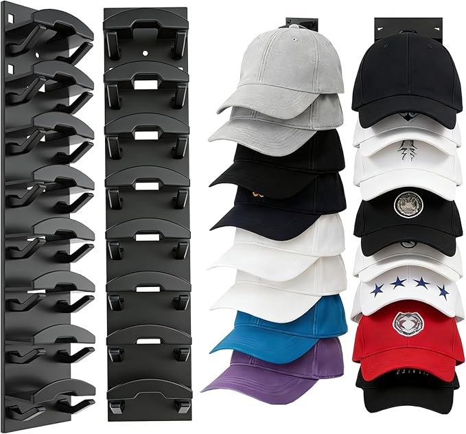 2 Pack Hat Organizer for Baseball Caps, Hat Rack for Wall with Strong Adhesive, Hold Up to 16 Hats, Hat Rack for Door Closet, Multi-Tier Hat Organizer, Two Mounting Options (Black)