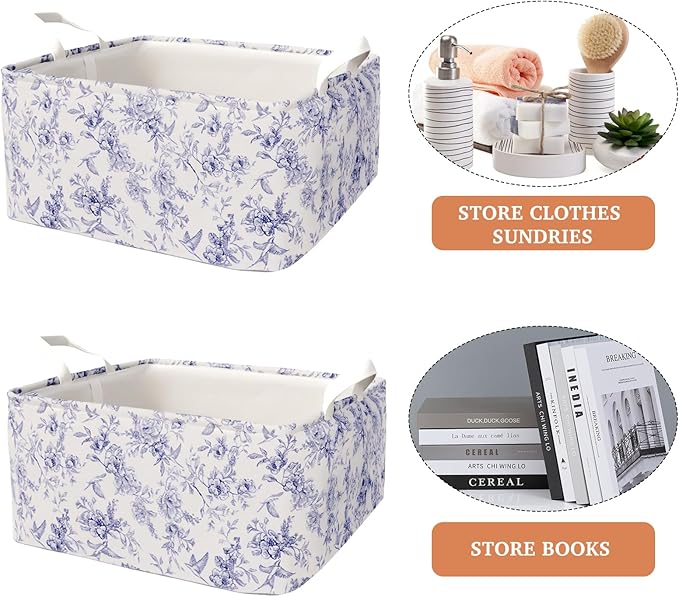 Blue Floral Storage Basket, Kids Large Flowers Storage Bins Box with Handles, Girls Shelf Basket Ideal for Room Nursery Decor, Books, Organizing Clothes, Toys (Blue floral)