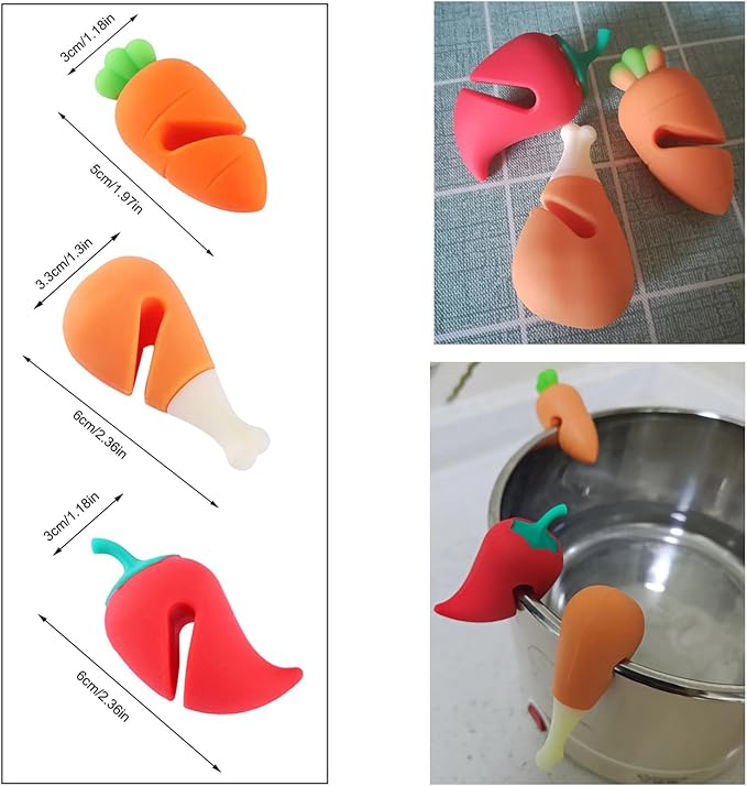 6 Pack Pot Lid Lifter Silicone Heat Resistant Spill Proof Pan Cover Stand Holder Clip Steam Releaser Stopper for Soup Pots Kitchen Gadgets (Carrot, Pepper, Chicken Leg 3 Style)