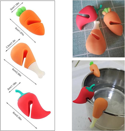 6 Pack Pot Lid Lifter Silicone Heat Resistant Spill Proof Pan Cover Stand Holder Clip Steam Releaser Stopper for Soup Pots Kitchen Gadgets (Carrot, Pepper, Chicken Leg 3 Style)