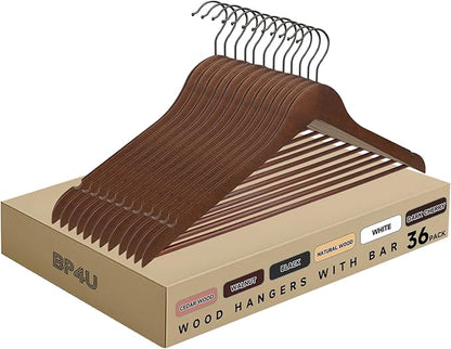 Quality Wooden Clothes Hangers, Solid Wood Suit & Coat Hangers with Pants Bars, Swivel Hook, Shoulder Notches, Heavy Duty Hangers for Shirts, Jackets, Dresses & Trousers(Walnut/36-Pack)