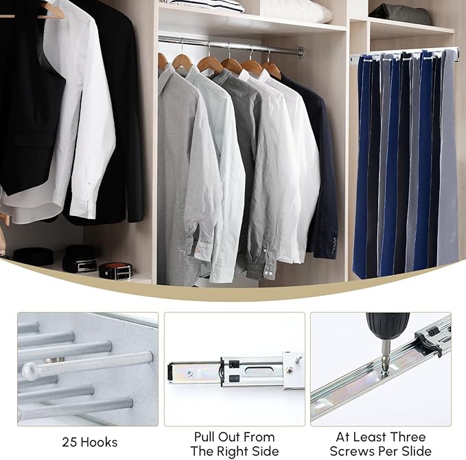Blulu 2 Pcs 13.8'' Sliding Tie Rack Hangers for Closet, 25(Total 50) Tie Pull Out Wall Mounted Extending Sturdy Metal Belt Organizer Holder for Men Belt Storage, Sliver